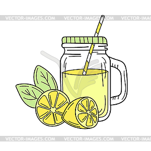 Желтые лимоны и лимонад в стеклянной банке. Свежий - цветной векторный клипарт