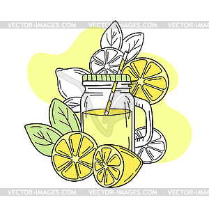 Yellow lemons and lemonade in glass jar. Fresh - vector clipart