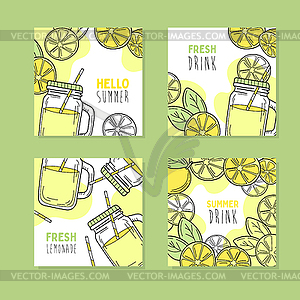 Set of 4 cards. Yellow lemons and lemonade in - vector image