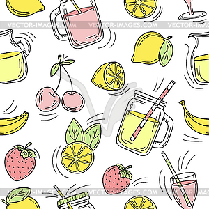 Seamless pattern - Set of summer cocktails line - color vector clipart