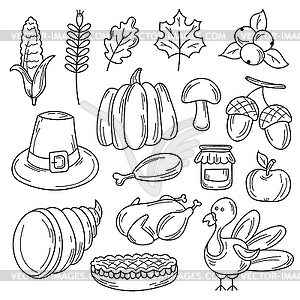 Cartoon set of Thanksgiving autumn theme. Black - vector image