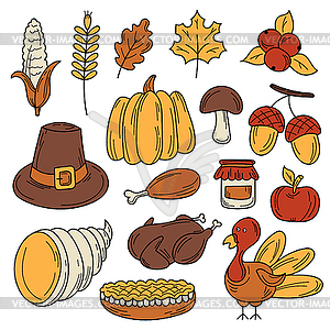 Cartoon set of Thanksgiving autumn theme - vector image