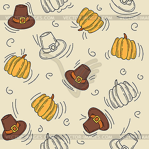 Seamless autumn pattern. Hat and pumpkin - - vector clip art