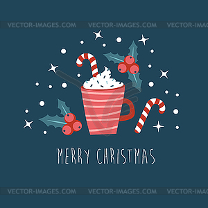 Christmas card. Red cup with hot drink with - vector image