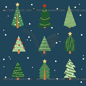 Cartoon christmas tree set on dark blue background - vector clipart