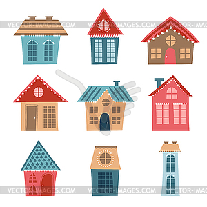 Set of cartoon funny houses in flat design. Blue an - vector clip art
