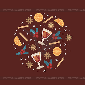 Hot mulled wine in glass and elements and spices fo - vector clip art