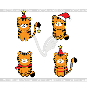 Set of cute tiger in Christmas costume - collection - vector image