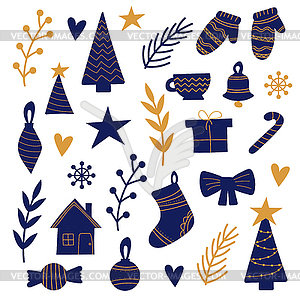 Set of Christmas elements in blue and gold - vector clip art