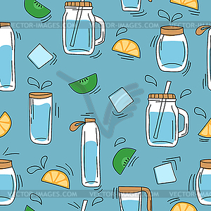 Seamless pattern on blue - glass water bottles. - vector image