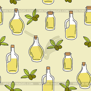 Background with olive oil in glass bottle - seamles - vector clip art