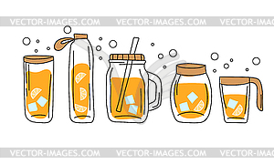 Set of glass containers and bottles with orange - vector image