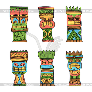 Colourful Wood Polynesian Tiki idols, gods statue - vector image