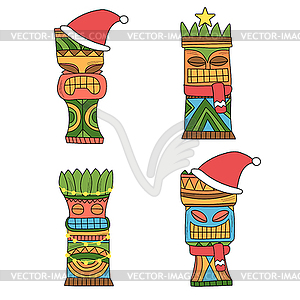 Set of tiki idols in Christmas decor. Colored - vector image