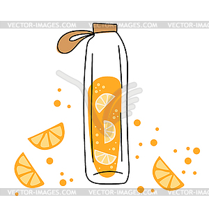 Glass bottle and tasty orange drink. Orange beverag - vector EPS clipart