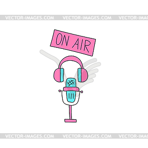 Microphone, headphones, sign on air. Hand-drawn - vector image