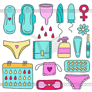 Feminine hygiene set. Hand-drawn cartoon collection - vector clipart
