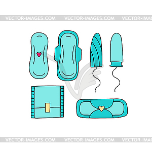 Feminine hygiene - sanitary napkin and tampon. Set - vector image