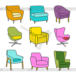 Набор цветных кресел в ручном стиле - изображение в векторе