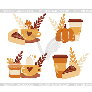 Set of autumn elements. Hot drinks, tea with jam, - vector clipart