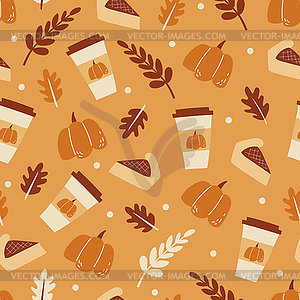 Seamless pattern with tasty pumpkin pie and Funny - vector image