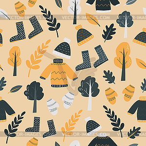 Seamless pattern with cute autumn cartoon - vector image