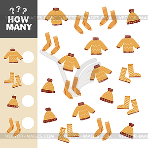 Fall counting game with warm clothes. Math - vector clip art