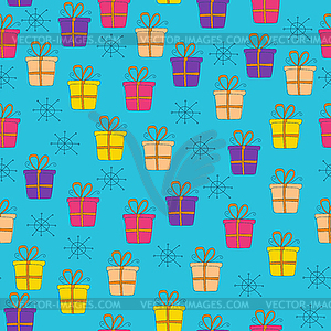 Gift boxes doodles seamless pattern on blue - vector image