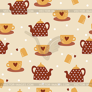 Seamless pattern with cups, teapot, tea bag. Teatime - vector image