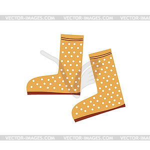 Cartoon yellow rubber boots with dots. Cute funny - vector image