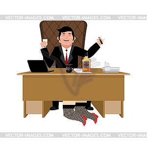 Boss Relax with whiskey and secretary. Businessman - vector clipart