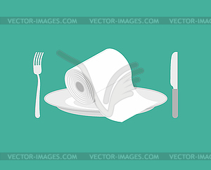 Туалетная бумага на тарелку. рулон туалетной бумаги на блюдо. Нож - векторизованный клипарт