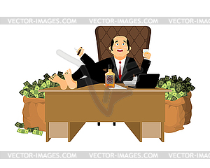 Rich man sits at table and drinks whiskey. To - vector clipart / vector image