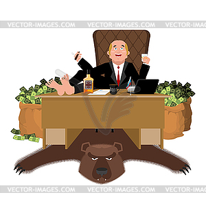 Russian oligarch sits at table and drinks whiskey. - vector image