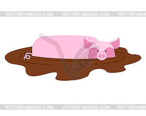 Pig in mud. piggy dirty puddle. Farm animal piglet - vector clip art