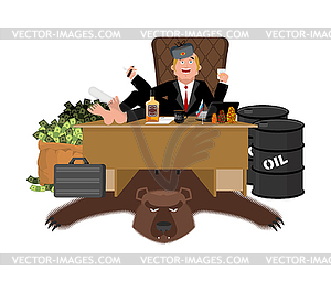 Russian oligarch sits at table and drinks whiskey. - vector image