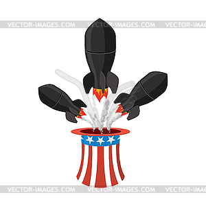 Missile USA. Rocket fly of hat Uncle Sam. American - vector image