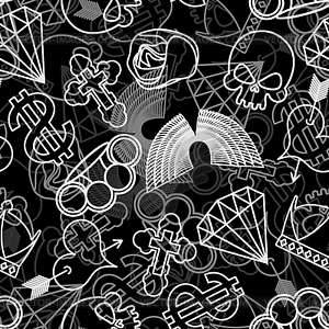 Tattoo seamless pattern. Skull and brass knuckles. - vector image