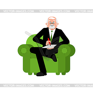 Psychologist in chair writes. Consultation of - vector image