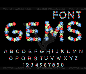 Gems font. Precious stones ABC. Treasures of - vector image