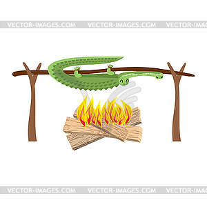 Grilled Crocodile meat on spit. Roasting - vector clipart