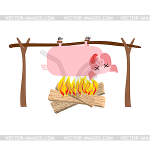 Grilled pig meat on spit. Roasting pork. BBQ piglet - stock vector clipart