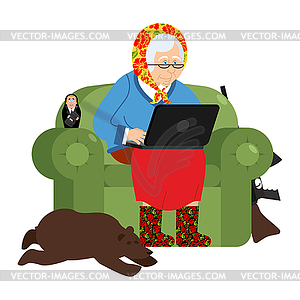 Russian hacker Grandmother and laptop. old woman - vector clipart