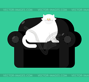 Fat white cat on Soft armchair. Thick Big pet on - vector clipart