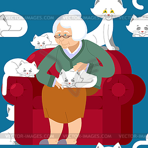 Cat lady pattern. Grandmother and cat sitting on - vector clipart