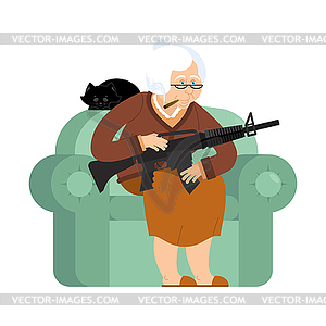 Grandmother with gun. old woman in an armchair - vector clipart