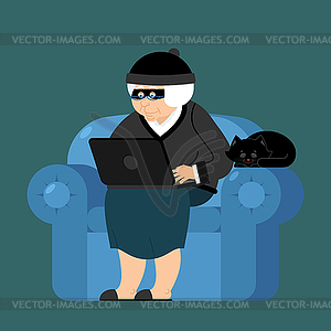 Grandmother hacker sits on an armchair with laptop - royalty-free vector image