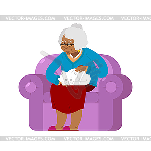 Афроамериканец Бабушка и кошка сидят на - рисунок в векторном формате