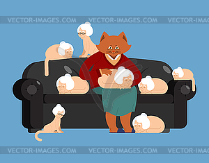 Cat and grandmother in parallel universe. Big pet - vector clipart