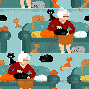 Cat lady pattern. Grandmother and cat sitting on - vector clipart